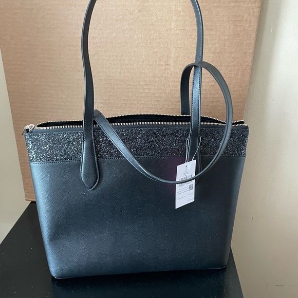 Kate Spade Flash Black Glitter Saffiano Pvc Shoulder Tote Bag Handbag Purse - Picture 5 of 8